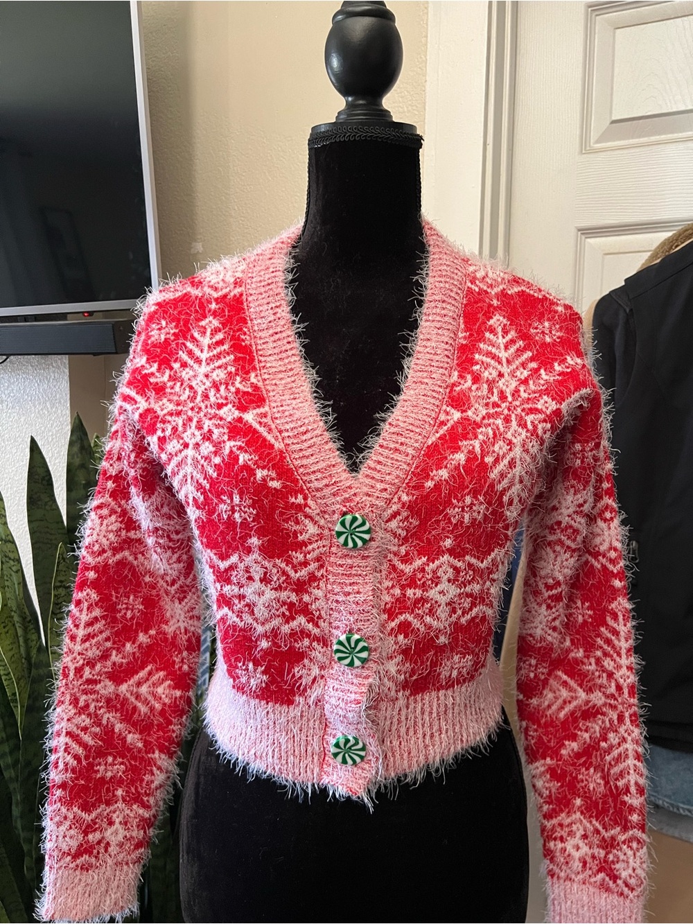Pink and Red Holiday Snowflake Fuzzy V-Neck Cardigan